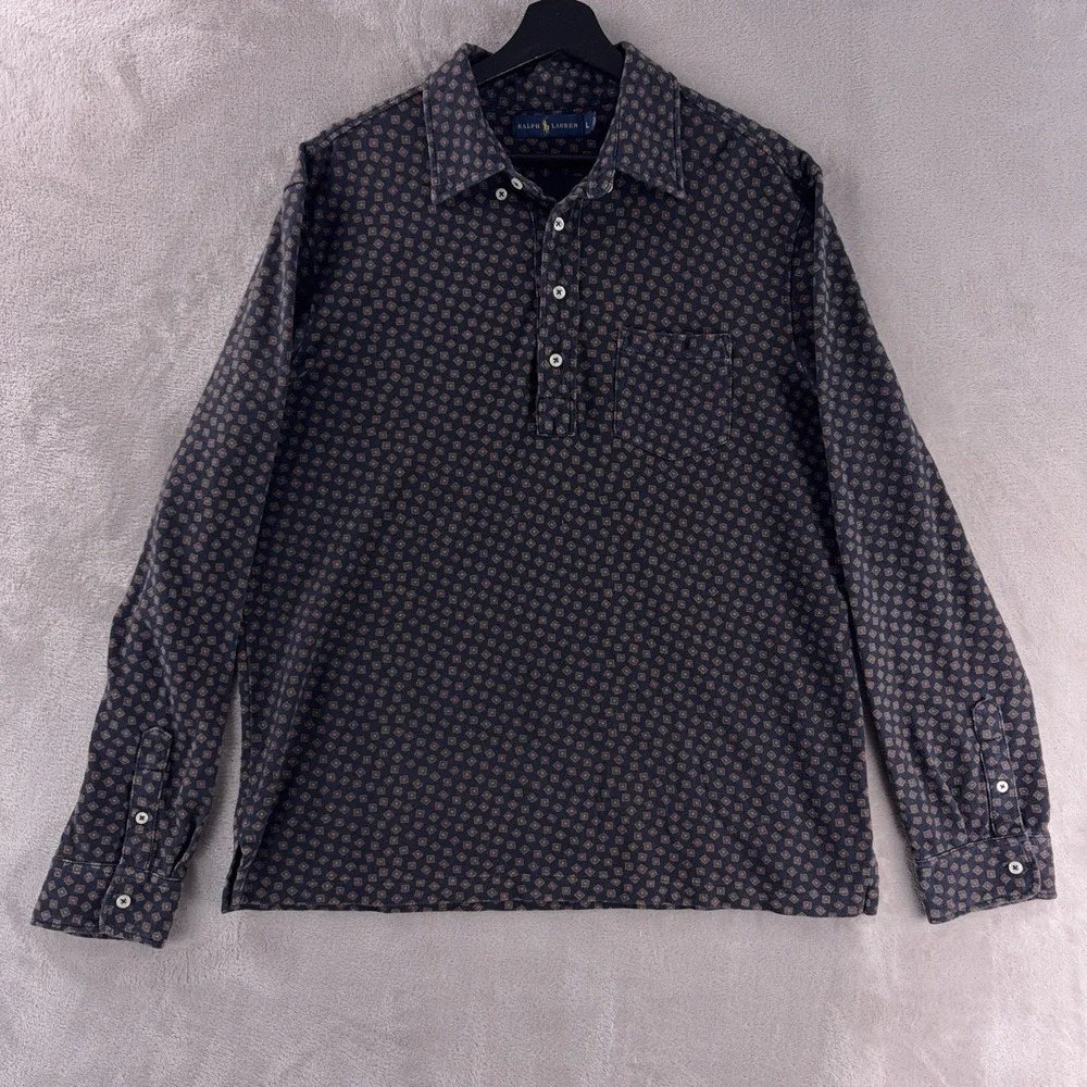 Ralph‎ Lauren Polo Shirt Mens Size Large Navy Long Sleeve Geometric Pattern